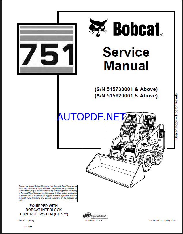 Bobcat 751 Loader Service Manual (6900975) (SN 515730001-515799999)
