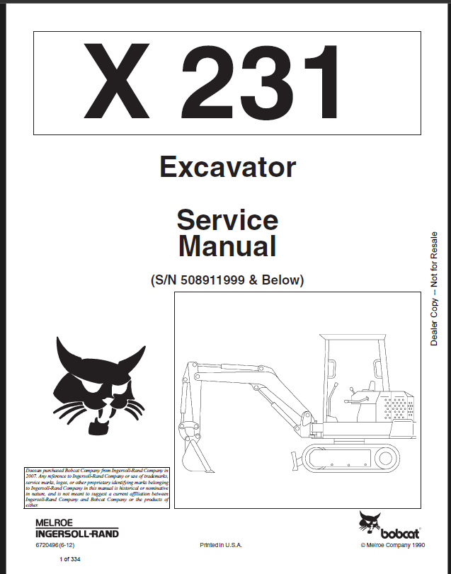 Bobcat 231 Excavator Service Manual (6720496) (SN 508911001-508911999)