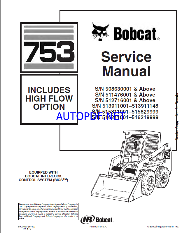 Bobcat 753 Loader Service Manual (6900090) (SN 508630001-508699999)