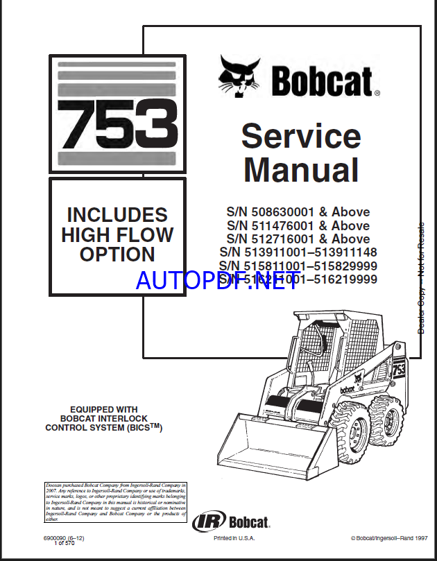 Bobcat 753 Loader Service Manual (6900090) (SN 511476001-511499999)