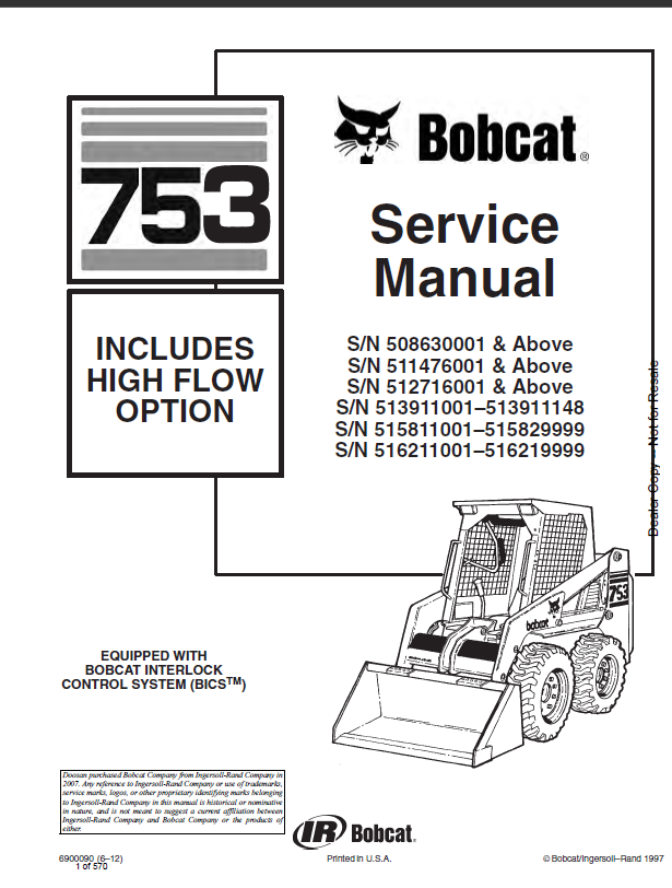 Bobcat 753 Loader Service Manual (6900090) (SN 513911001-513911148)