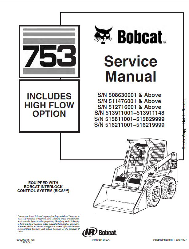 Bobcat 753 Loader Service Manual (6900090) (SN 515811001-515829999)