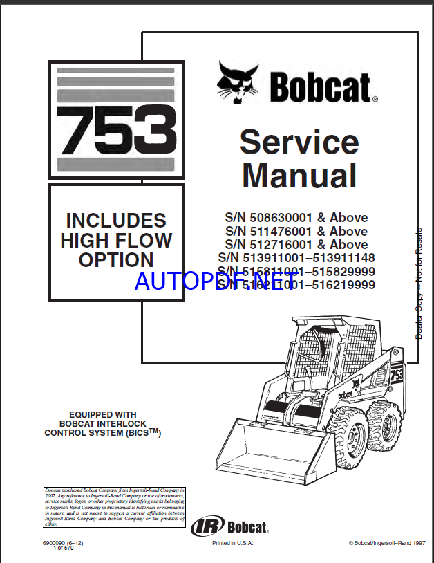 Bobcat 753 Loader Service Manual (6900090) (SN 516211001-516219999)