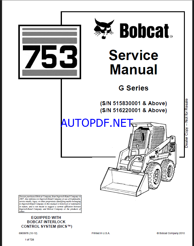Bobcat 753 Loader Service Manual (6900976) (SN 515830001-515899999)
