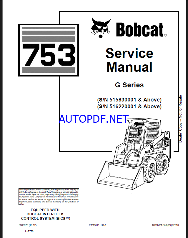 Bobcat 753 Loader Service Manual (6900976) (SN 516220001-516299999)
