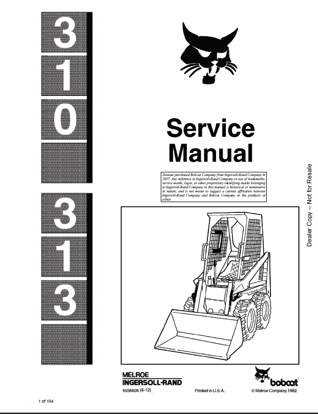Bobcat 310 Loader Service Manual (6556606) (SN 499611001-499699999)
