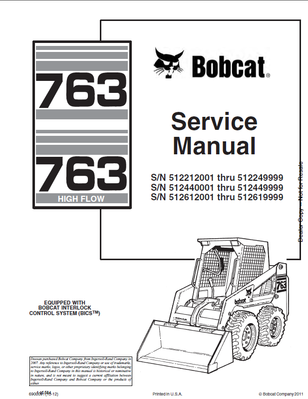 Bobcat 763 Loader Service Manual (6900091) (SN 512212001-512249999)