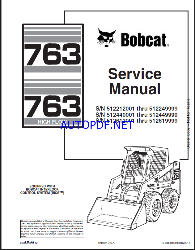 Bobcat 763 Loader Service Manual (6900091) (SN 512612001-512619999)