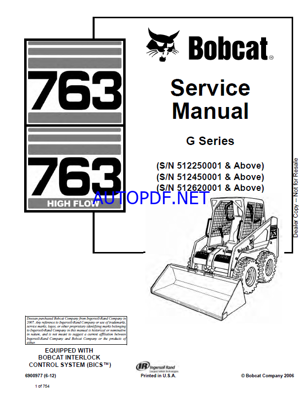 Bobcat 763 Loader Service Manual (6900977) (SN 512450001-512499999)