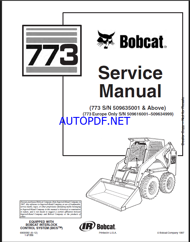 Bobcat 773 Loader Service Manual (6900092) (SN 509616001-509634999)