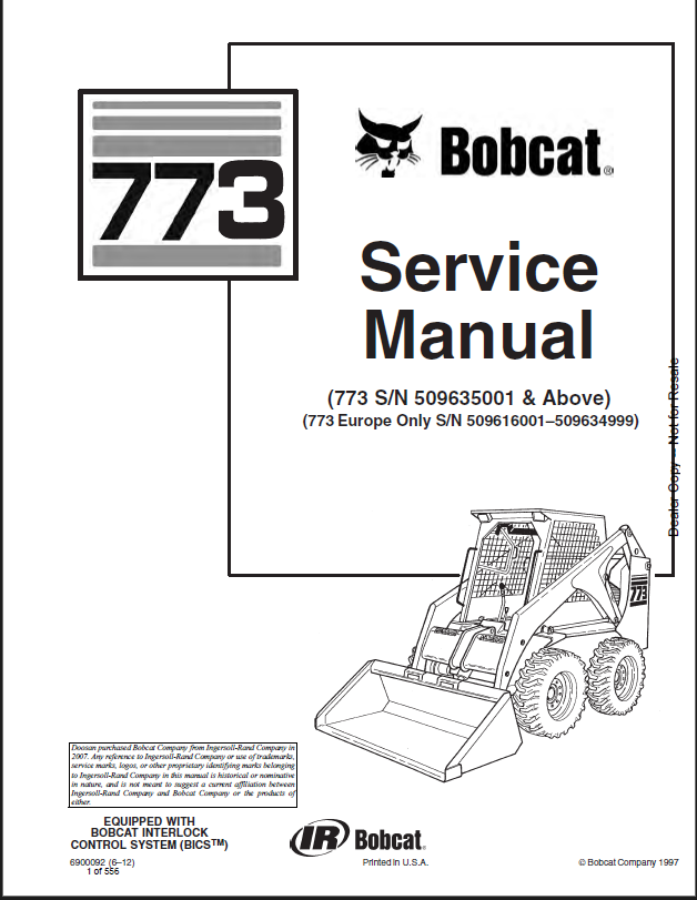 Bobcat 773 Loader Service Manual (6900092) (SN 509635001-509699999)