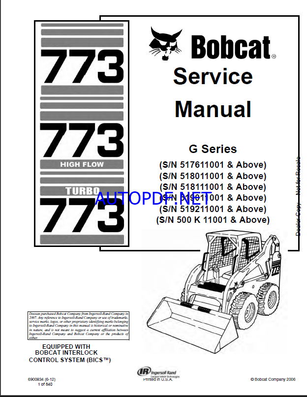 Bobcat 773 Loader Service Manual (6900834) (SN 517611001-517625000)