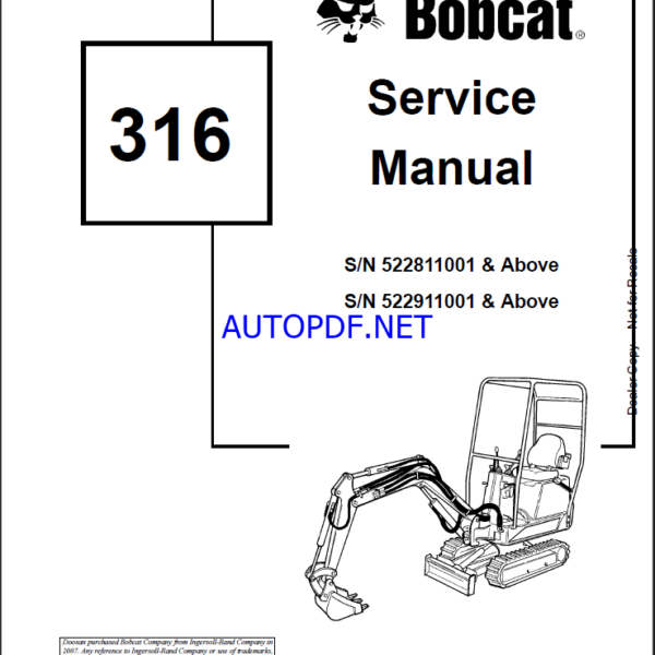 Bobcat 316 Excavator Service Manual (6902285) (SN 522911001-522999999)