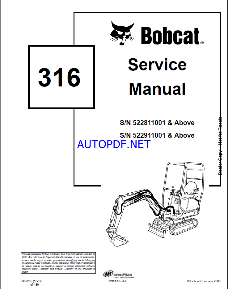 Bobcat 316 Excavator Service Manual (6902285) (SN 522911001-522999999)