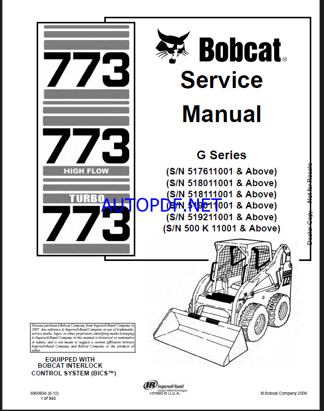 Bobcat 773 Loader Service Manual (6900834) (SN 518011001-518099999)