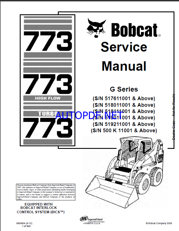 Bobcat 773 Loader Service Manual (6900834) (SN 518111001-518199999)