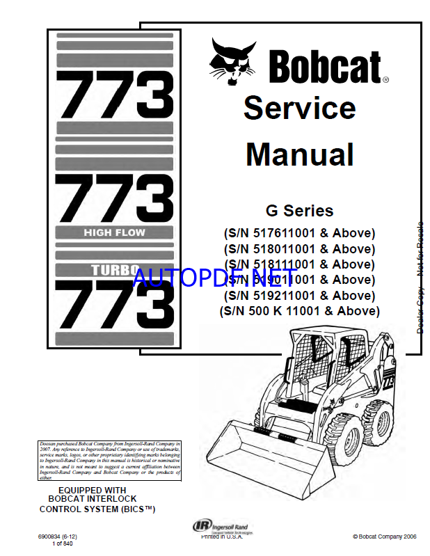 Bobcat 773 Loader Service Manual (6900834) (SN 519011001-519028000)