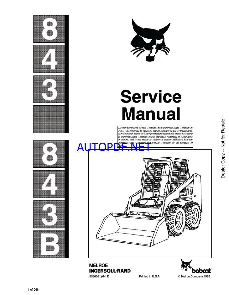 Bobcat 843 Loader Service Manual (6566091) (SN 502011001-502012999)