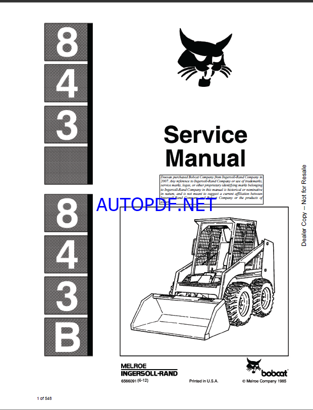 Bobcat 843 Loader Service Manual (6566091) (SN 503724001-503799999)