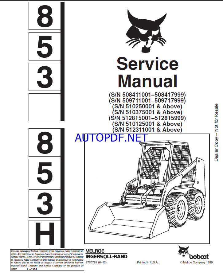 Bobcat 853 Loader Service Manual (6720755) (SN 510250001-510299999)