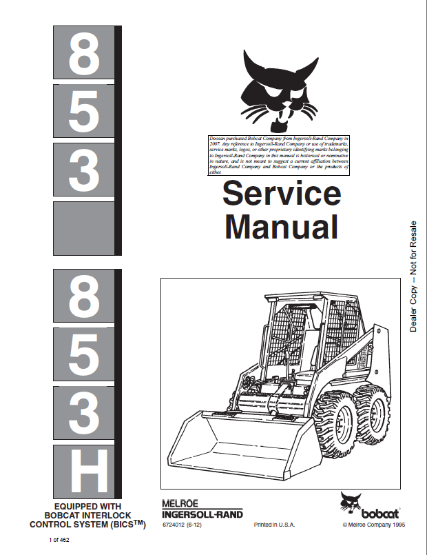 Bobcat 853 Loader Service Manual (6724012) (SN 508418001-508499999)