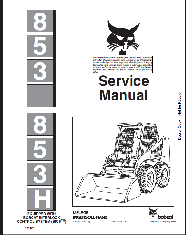 Bobcat 853 Loader Service Manual (6724012) (SN 509718001-509799999)