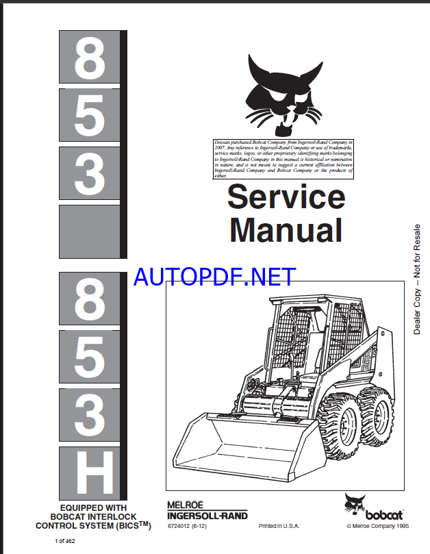 Bobcat 853 Loader Service Manual (6724012) (SN 512811001-512899999)
