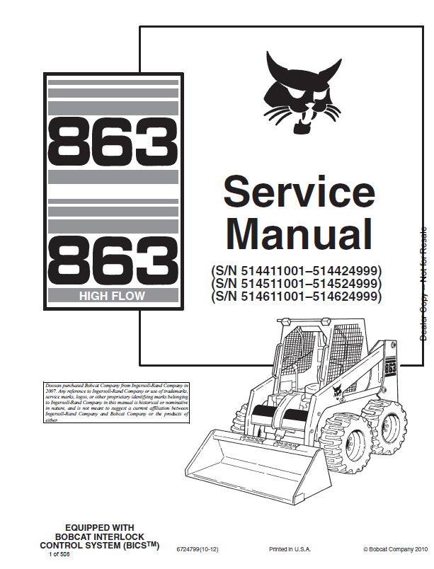 Bobcat 863 Loader Service Manual (6724799) (SN 514411001-514424999)