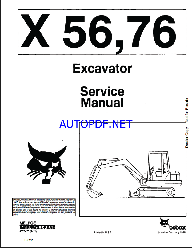 Bobcat 76 Excavator Service Manual (6570475) (SN 504811001-504811999)