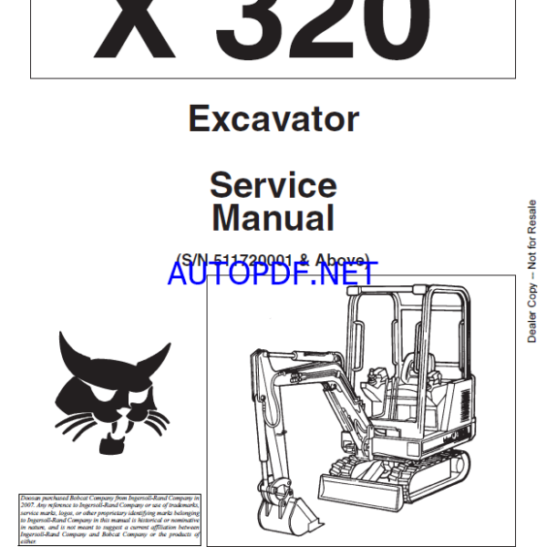 Bobcat 320 Excavator Service Manual (6722642) (SN 511720001-511799999)