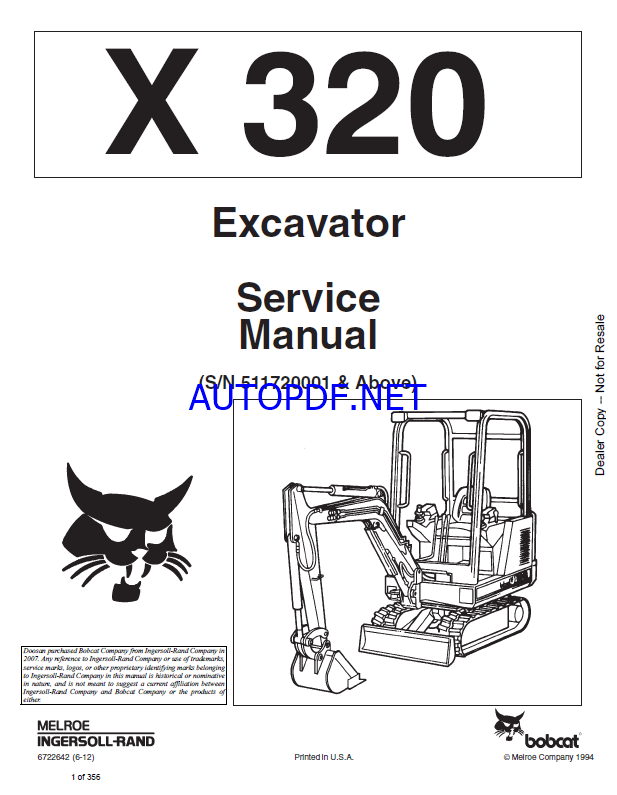 Bobcat 320 Excavator Service Manual (6722642) (SN 511720001-511799999)