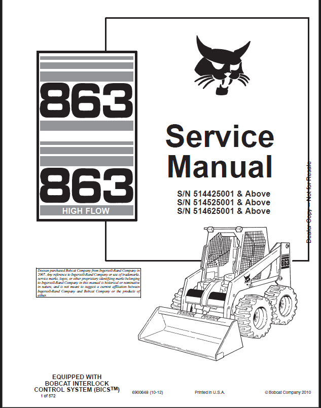 Bobcat 863 Loader Service Manual (6900648) (SN 514425001-514439999)