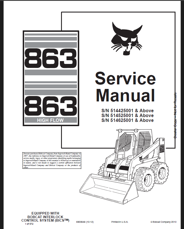 Bobcat 863 Loader Service Manual (6900648) (SN 514525001-514539999)