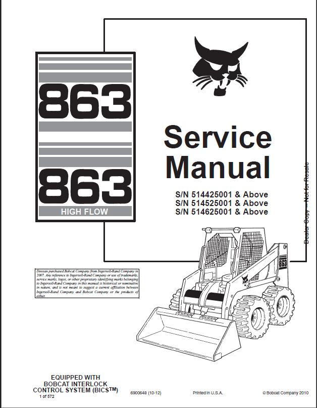 Bobcat 863 Loader Service Manual (6900648) (SN 514625001-514639999)