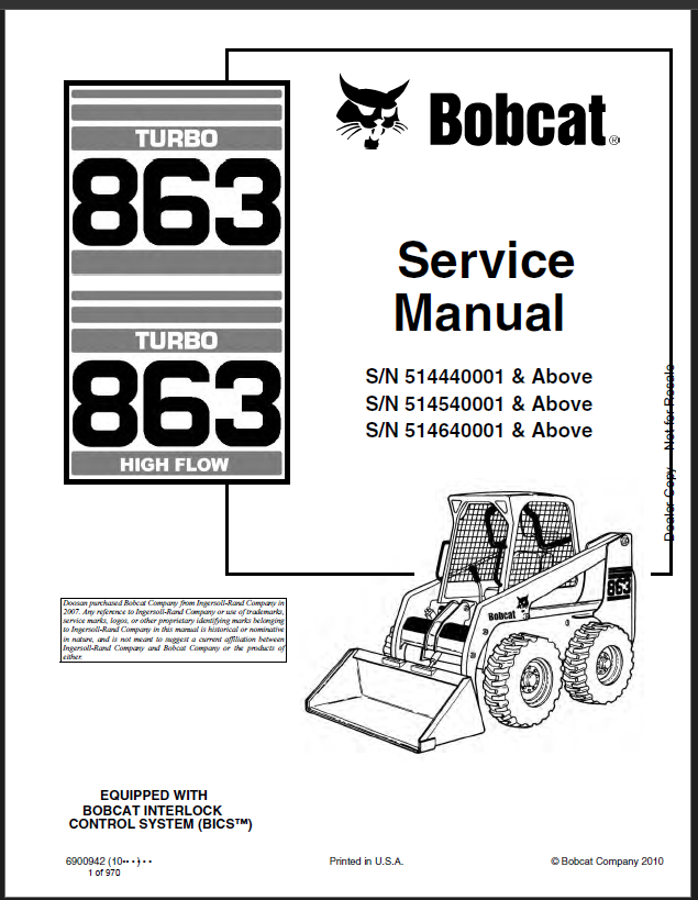 Bobcat 863 Loader Service Manual (6900942) (SN 514440001-514499999)