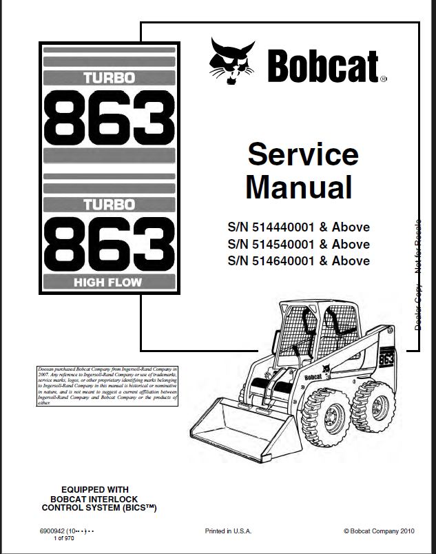 Bobcat 863 Loader Service Manual (6900942) (SN 514540001-514599999)