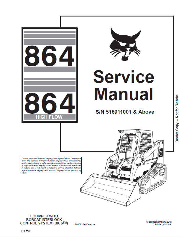 Bobcat 864 Loader Service Manual (6900627) (SN 516911001-516999999)