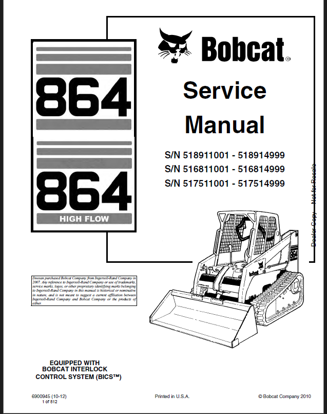 Bobcat 864 Loader Service Manual (6900945) (SN 516811001-516814999)