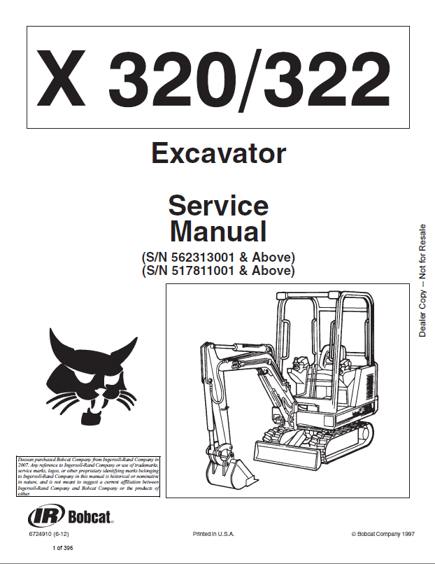 Bobcat 320 Excavator Service Manual (6724910) (SN 562313001-562399999)