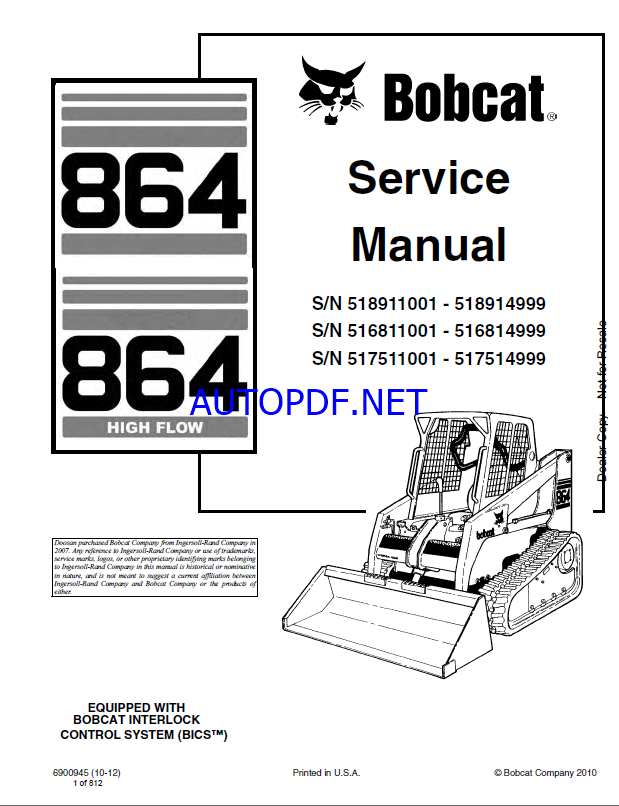 Bobcat 864 Loader Service Manual (6900945) (SN 517511001-517514999)