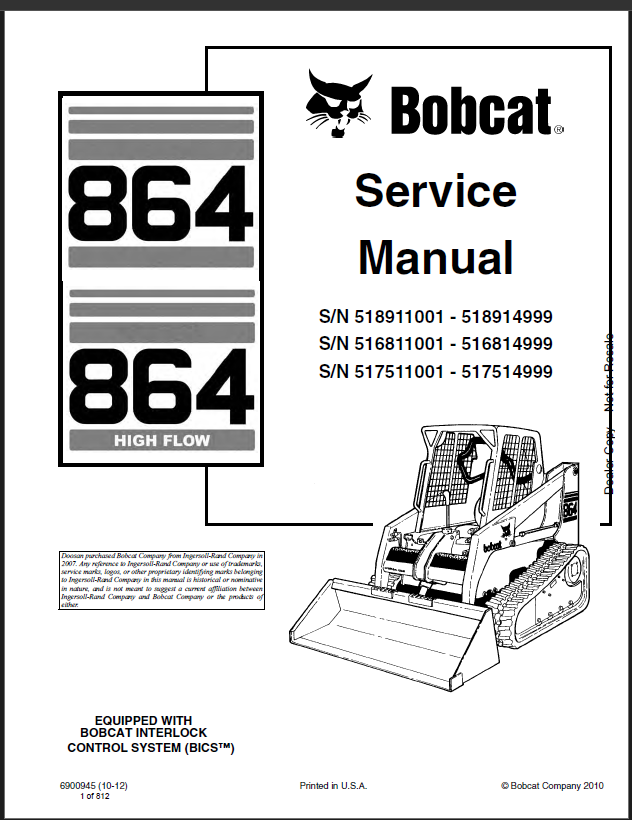 Bobcat 864 Loader Service Manual (6900945) (SN 518911001-518914999)