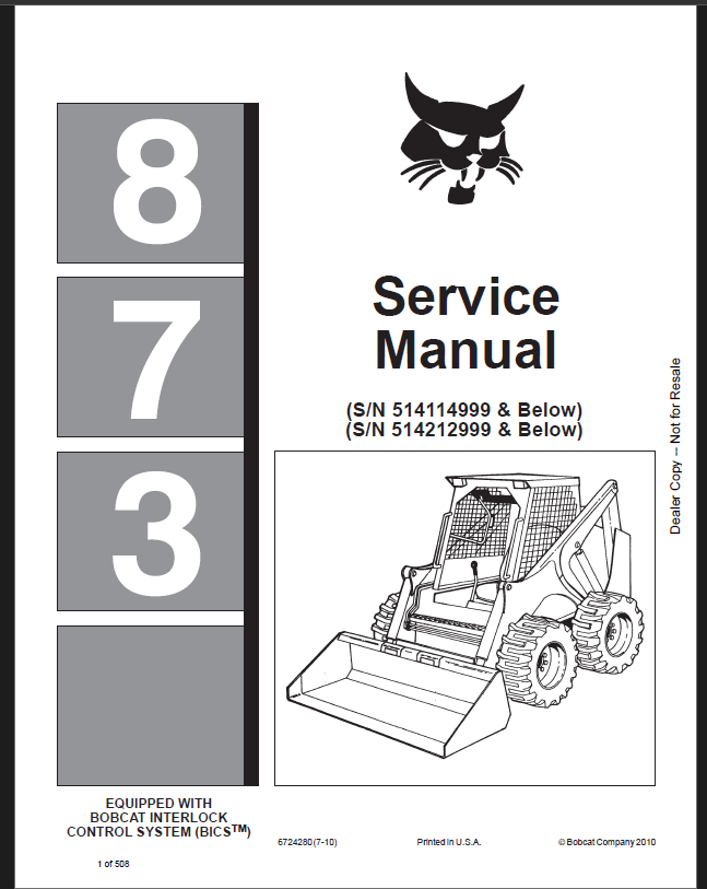 Bobcat 873 Loader Service Manual (6724280) (SN 514111001-514114999)