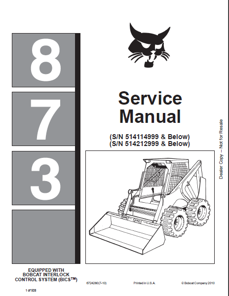 Bobcat 873 Loader Service Manual (6724280) (SN 514211001-514212999)