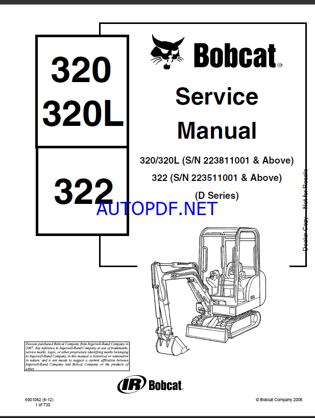 Bobcat 320 Excavator Service Manual (6901062) (SN 223811001-223899999)
