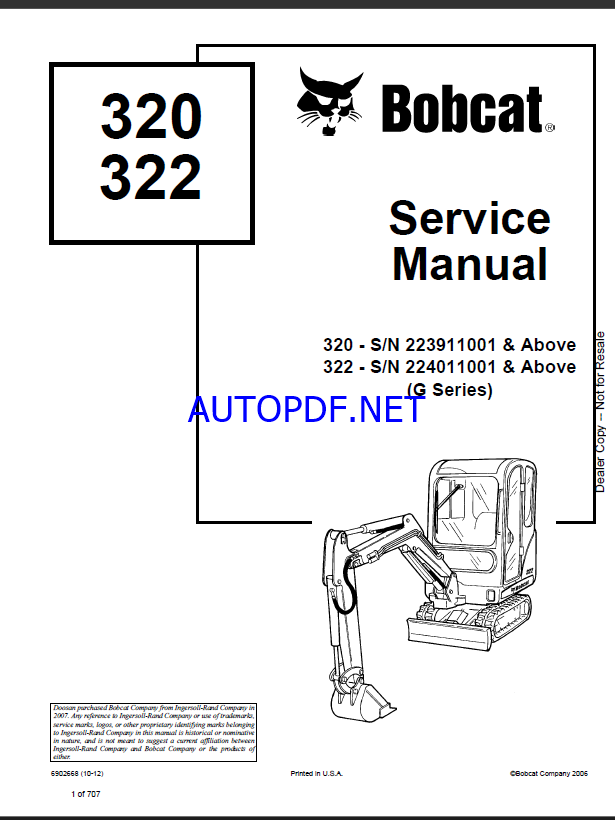 Bobcat 320 Excavator Service Manual (6902668) (SN 223911001-223999999)