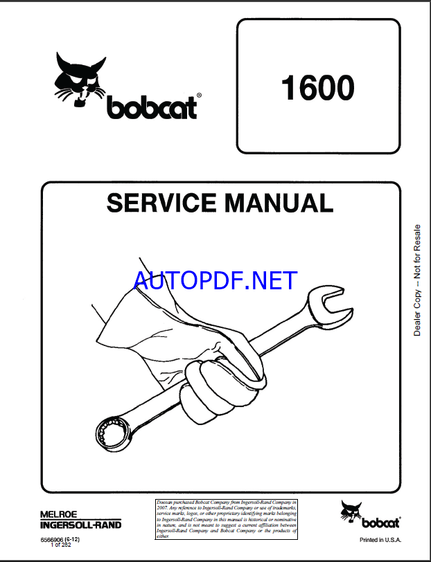 Bobcat 1600 Loader Articulated Service Manual (6566906) (SN 503111001-503199999)