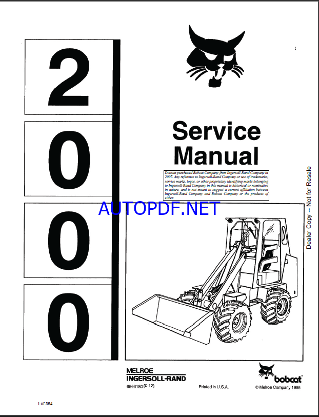 Bobcat 2000 Loader Articulated Service Manual (6566180) (SN 502111001-502199999)