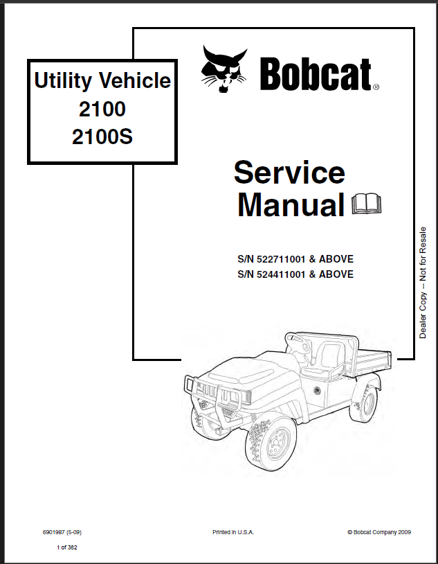 Bobcat 2100 Utility Vehicle Service Manual (6901987) (SN 522711001-522799999)