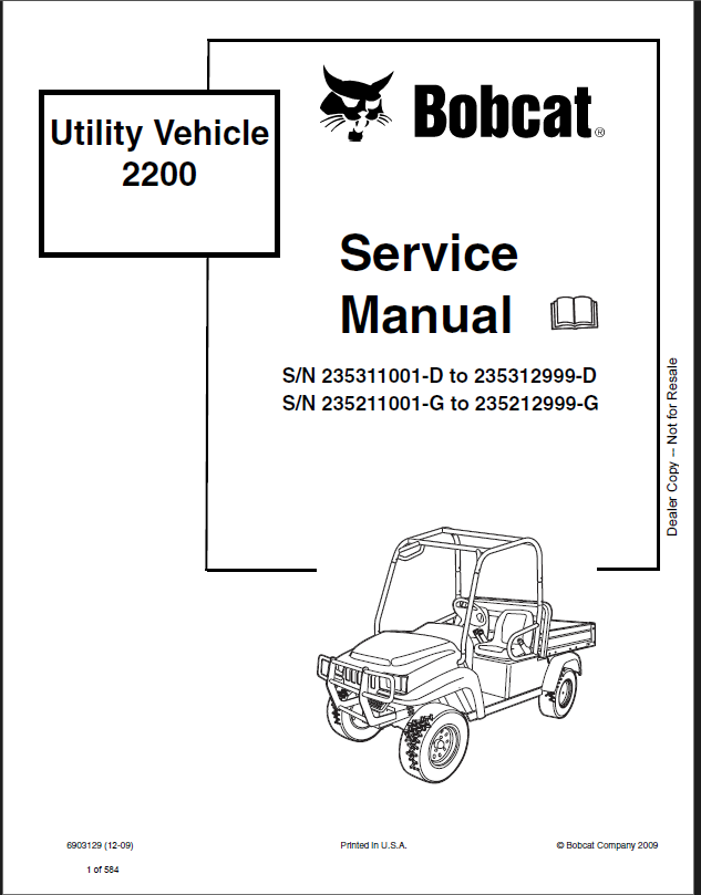 Bobcat 2200 Utility Vehicle Service Manual (6903129) (SN 235211001-235212999)