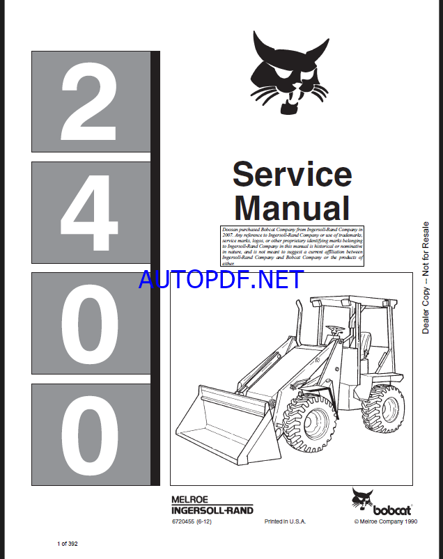 Bobcat 2410 Loader Articulated Service Manual (6720455) (SN 509212001-509212999)